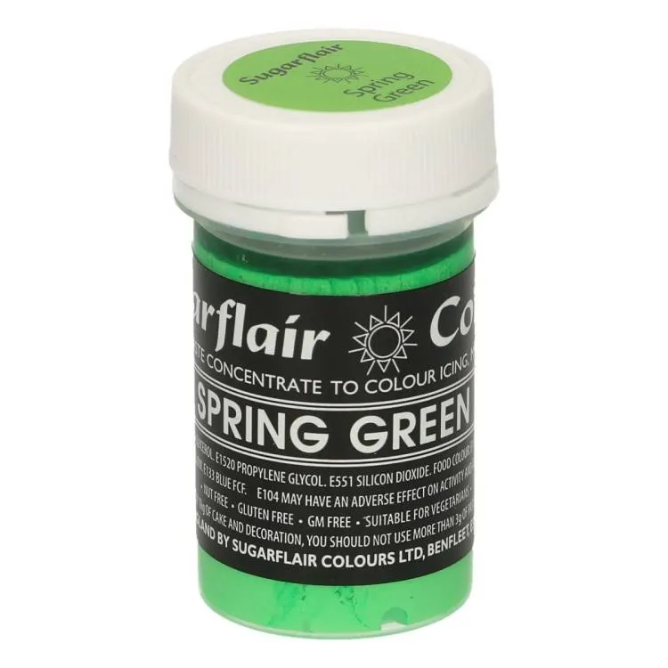 Gelová barva Sugarflair v odstínu pastelové spring green pro barvení potahovacích hmot, marcipánu a krémů v cukrářství