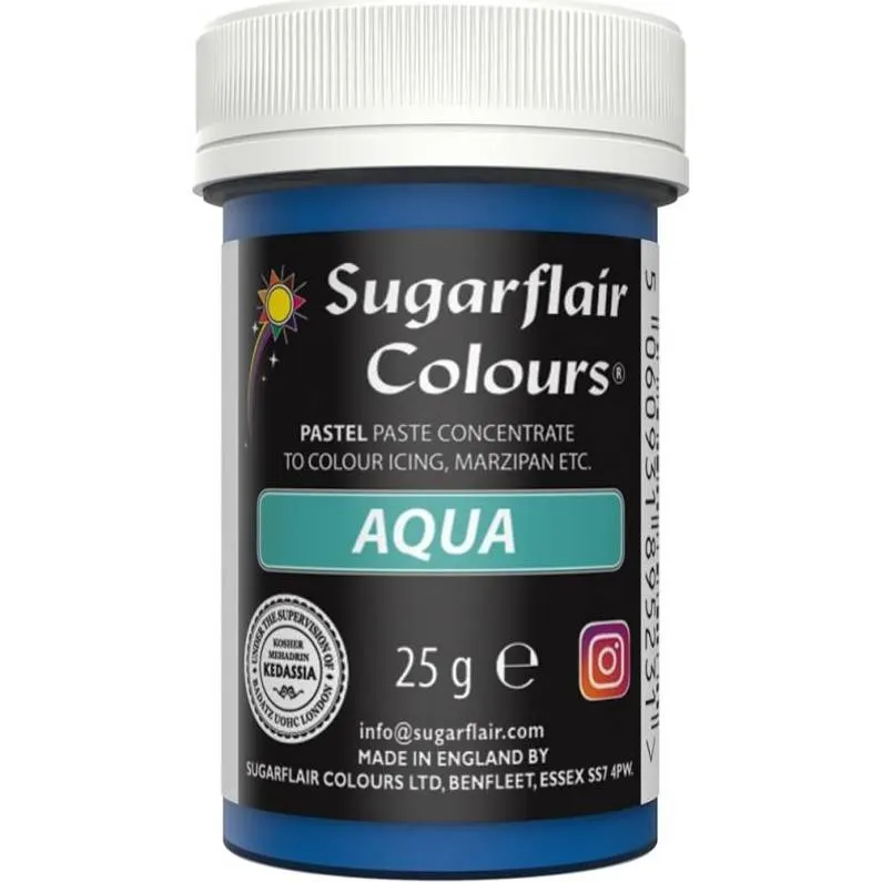 Gelová barva v pastelovém odstínu aqua od značky Sugarflair pro obarvení dortů, marcipánu a krémů