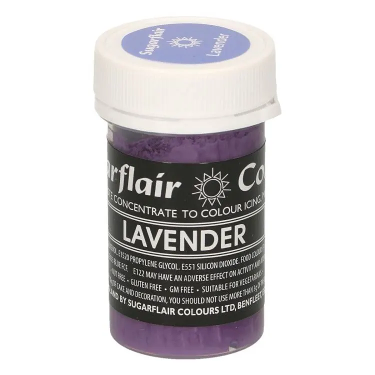 Pastelová gelová barva Sugarflair v odstínu Lavender v kelímku o hmotnosti 25 g pro obarvení fondánu, krému a těsta