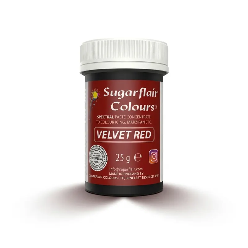 Gelová potravinářská barva Sugarflair v sytě červeném odstínu Velvet Red na barvení krémů, těst a polev