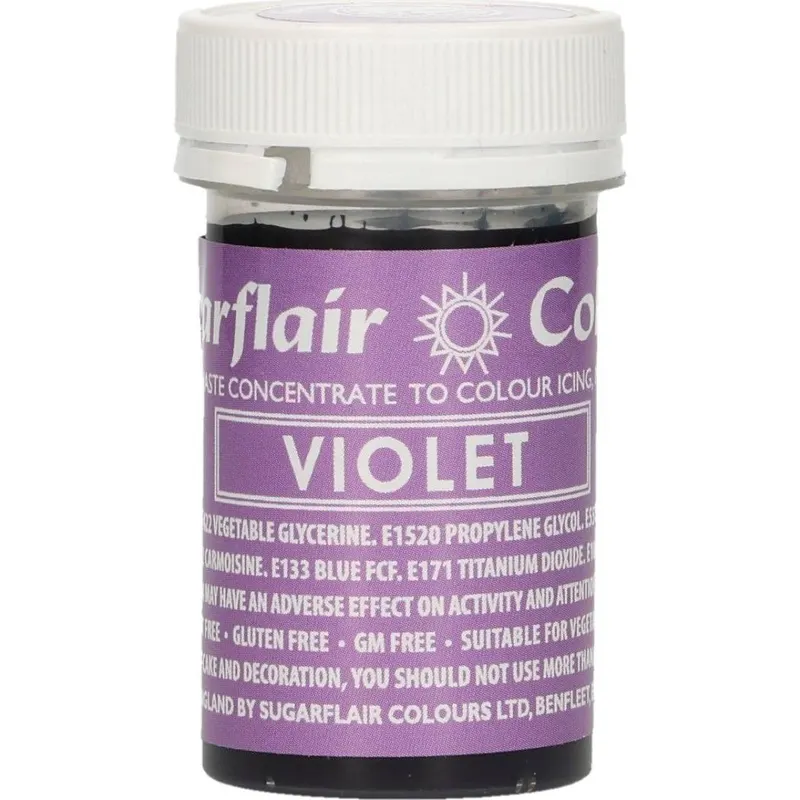 Gelová barva Sugarflair v sytém fialovém odstínu pro obarvení marcipánu, krémů a těst v cukrařině