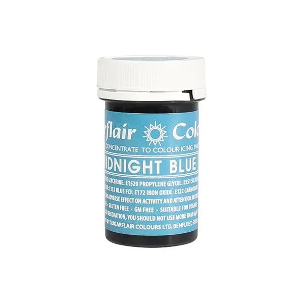 Koncentrovaná gelová barva Sugarflair v odstínu Midnight Blue pro barvení krémů a potahů na dorty