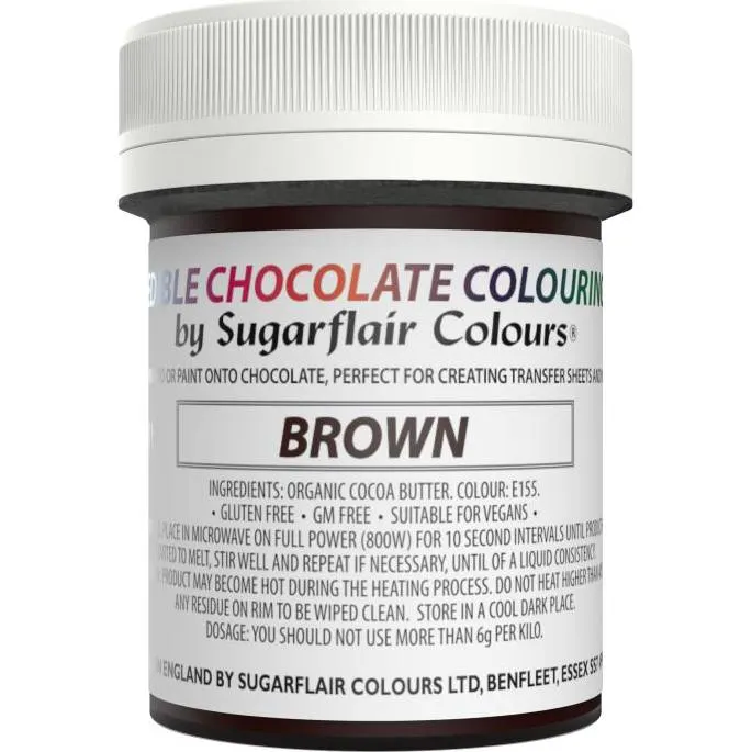Hnědá barva do čokolády Sugarflair v balení 35 g, určená k probarvení čokolády a krémů