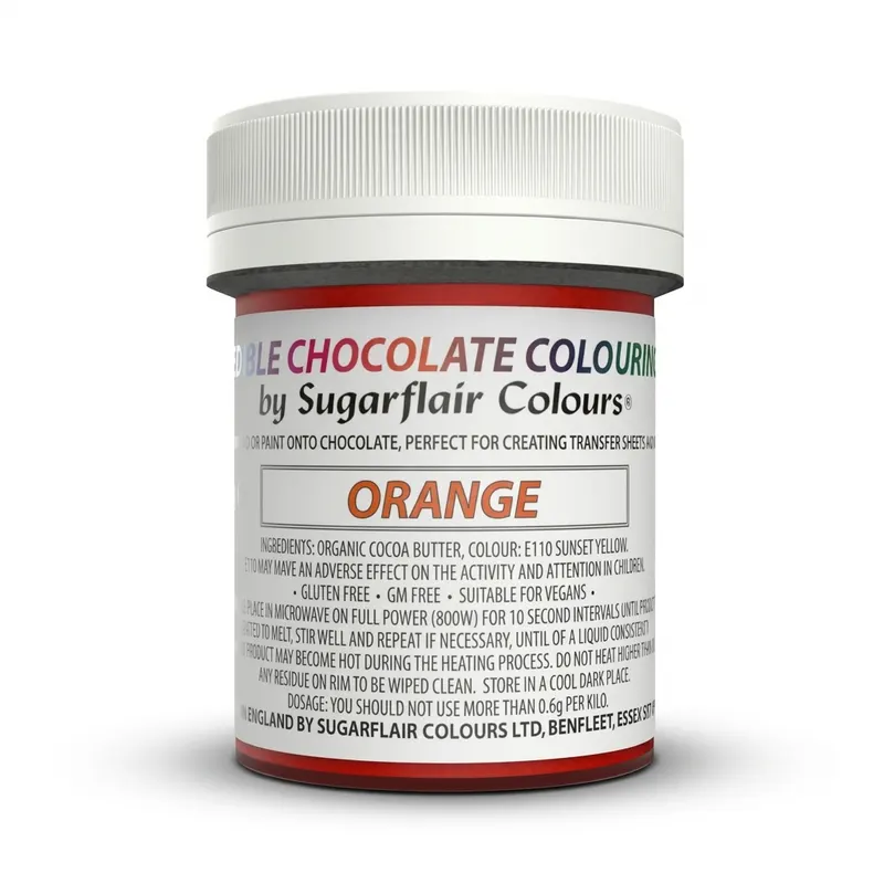 Oranžové barvené kakaové máslo Sugarflair v balení 35 g pro barvení čokoládových polev a krémů