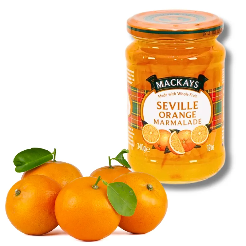 Pomerančová marmeláda Seville od značky Mackays v skleněné sklenici o hmotnosti 340 g s hořko-sladkou chutí sevillských pomerančů