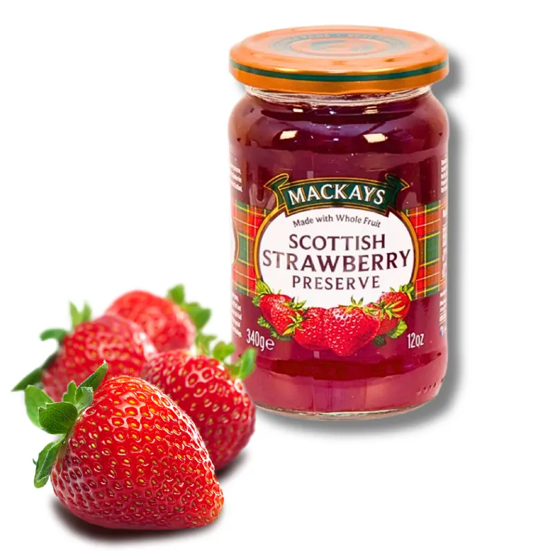 Tradiční skotský jahodový džem Mackays v tégle 340 g vhodný na plnění a promazání dortů a dezertů