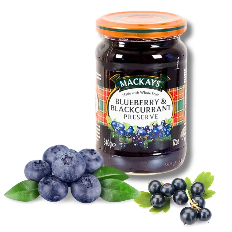 Skotský džem z borůvek a černého rybízu od značky Mackays v zavařovací sklenici o hmotnosti 340 g