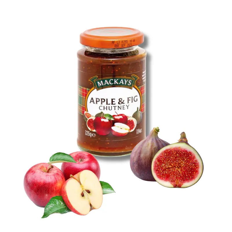 Chutney z jablek a fíků značky Mackays v 225g sklenici, britská specialita s cibulí a vinným octem ke sýrům a masu