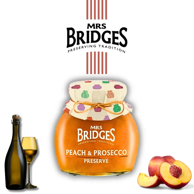 Tradiční skotský džem z broskví s Prosecco od značky Mrs. Bridges v skleněné dóze o hmotnosti 340 g