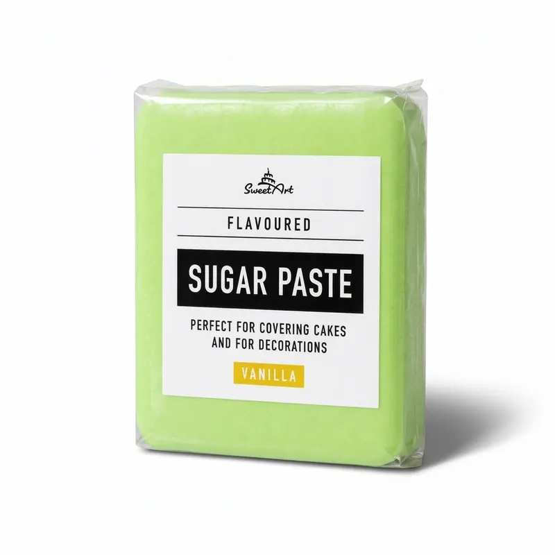 Potahovací hmota SweetArt v pastelově zelené barvě s vanilkovou příchutí, 250 g, určená k potahování a zdobení dortů