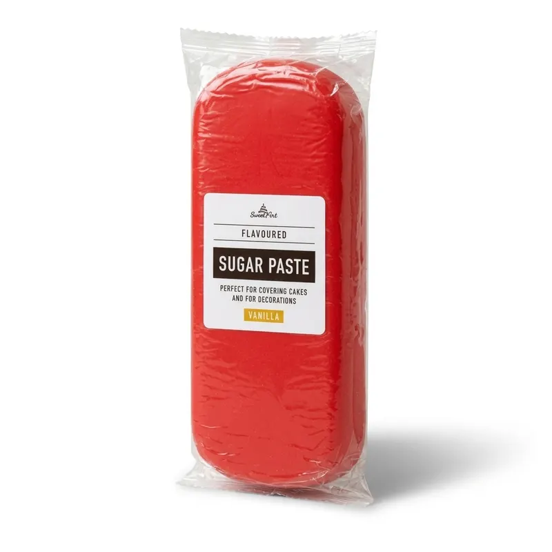 Červený potahovací fondán SweetArt Coral Red na dort, balení 1 kg, vanilková elastická hmota pro hladký povrch a cukrové ozdoby