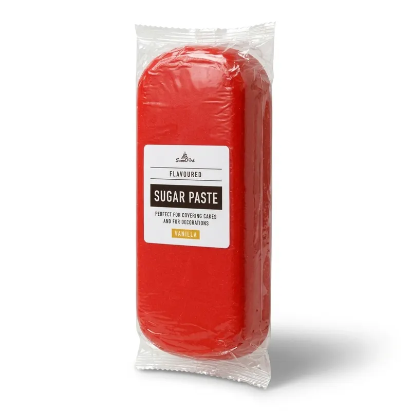 Červený potahovací fondán SweetArt o hmotnosti 1 kg na potahování dortů s vanilkovou příchutí