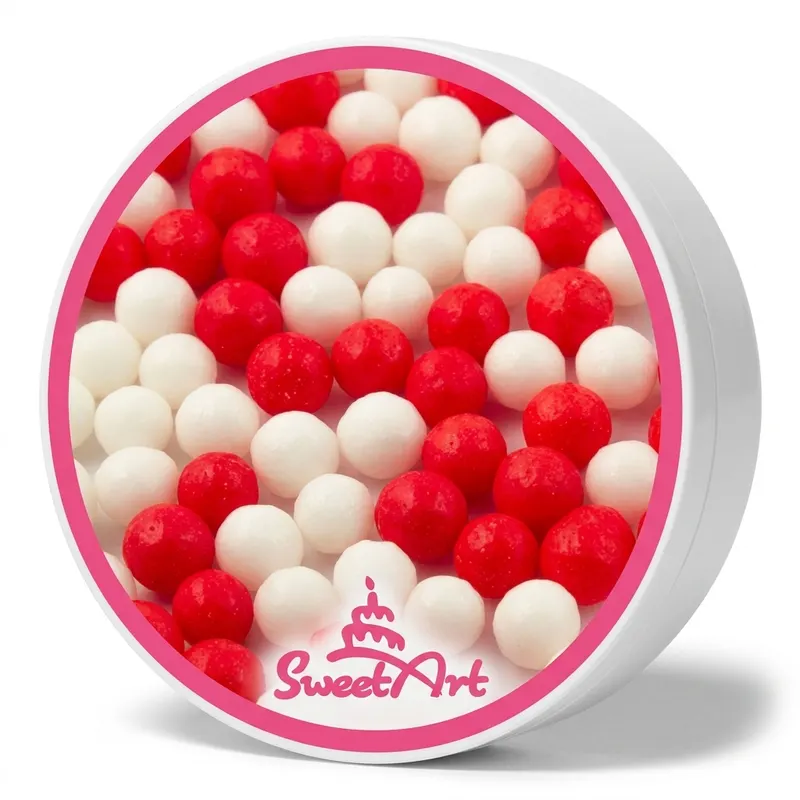 Cukrové perly SweetArt v červené a bílé barvě o průměru 7 mm na zdobení dortů a dezertů