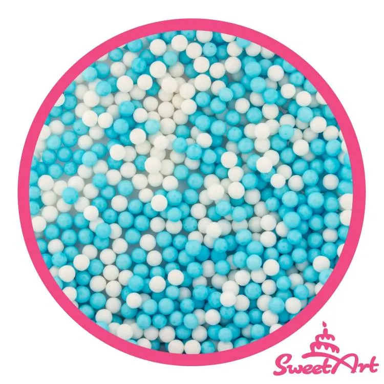 Cukrové perličky SweetArt modré a bílé o velikosti 5 mm na zdobení dortů a dezertů, balení 80 g