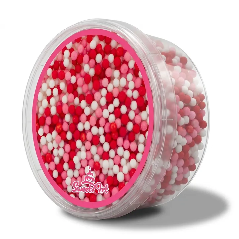 Cukrové perly SweetArt Love mix o velikosti 5 mm v růžové, červené a bílé barvě na zdobení dortů a dezertů