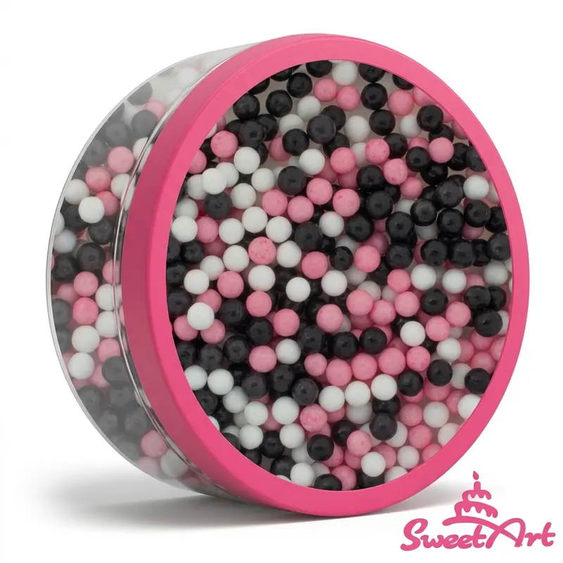 Cukrové perly SweetArt Minnie mix o velikosti 5 mm v růžové, bílé a černé barvě na zdobení dortů a cukrářských výrobků