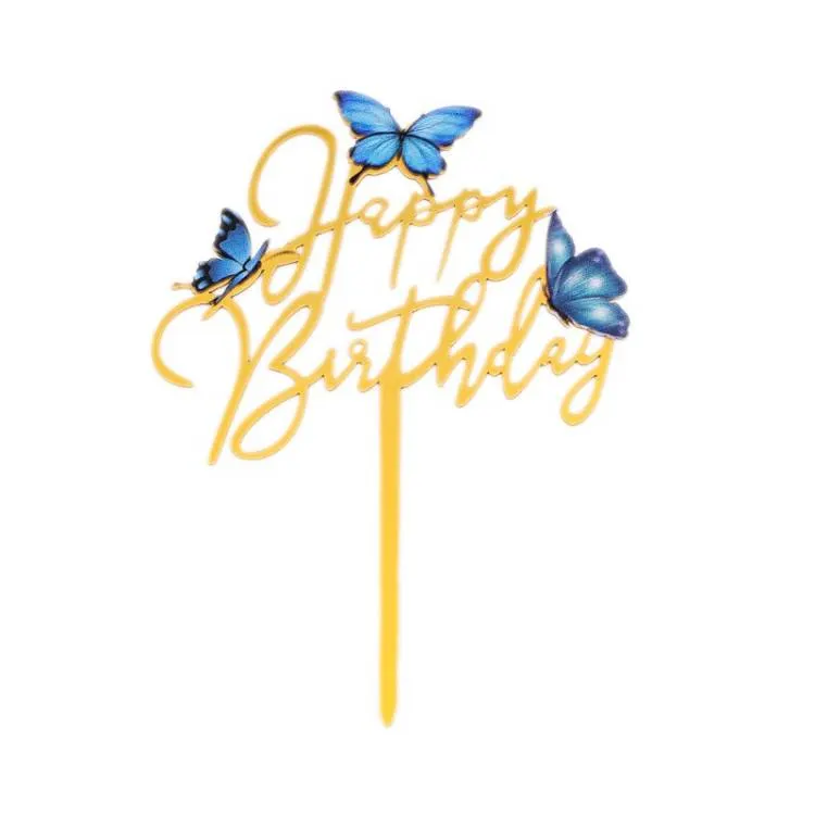 Zlatý zápich do dortu s nápisem Happy Birthday a modrými motýlky od značky Cesil