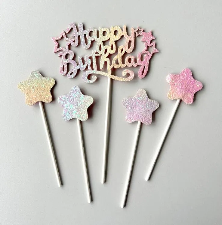 Zápich do dortu s nápisem Happy Birthday a hvězdičkami, sada 5 kusů na zdobení dortů a cupcakes