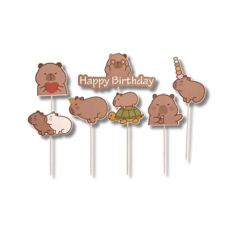 Zápich do dortu Happy Birthday s motivy kapybar pro dekoraci dortů a dezertů na narozeninové oslavy