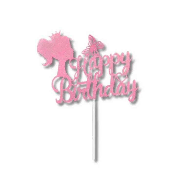 Růžový zápich do dortu s nápisem Happy Birthday a siluetou princezny s korunkou a motýlem pro dívčí narozeniny