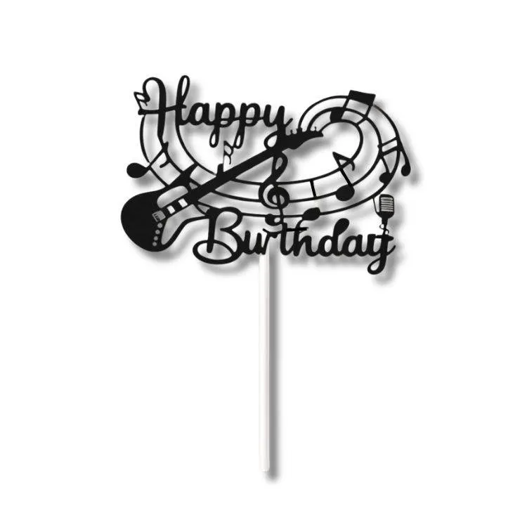 Zápich do dortu Cesil s nápisem Happy Birthday a hudebním motivem v černé barvě