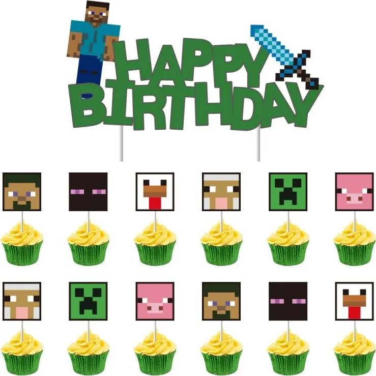 Sada 13 ozdobných zápichů do dortu a muffinů s motivem hry Minecraft od značky Cakesicq