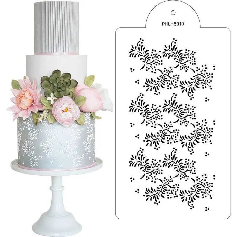 Silikonová stencil šablona Flora od značky Cakesicq s květinovým vzorem pro zdobení dortů o rozměru 40 x 21 cm