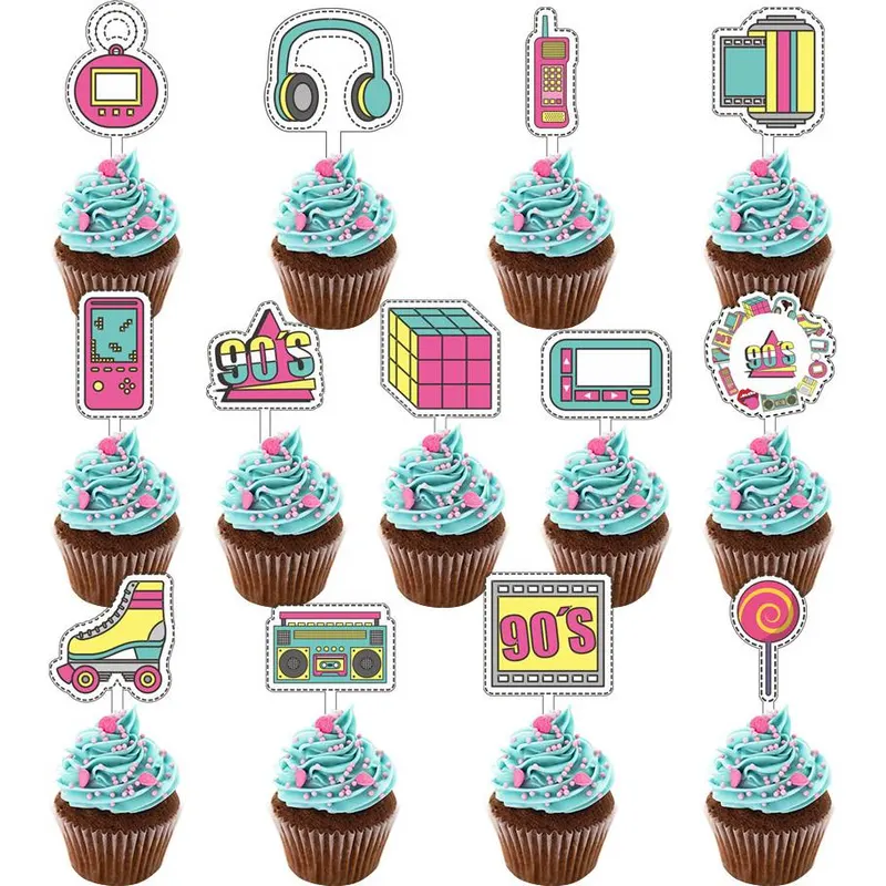 Sada 13 retro zápichů do muffinů s motivy 90. let od značky Cakesicq na zdobení cupcaků