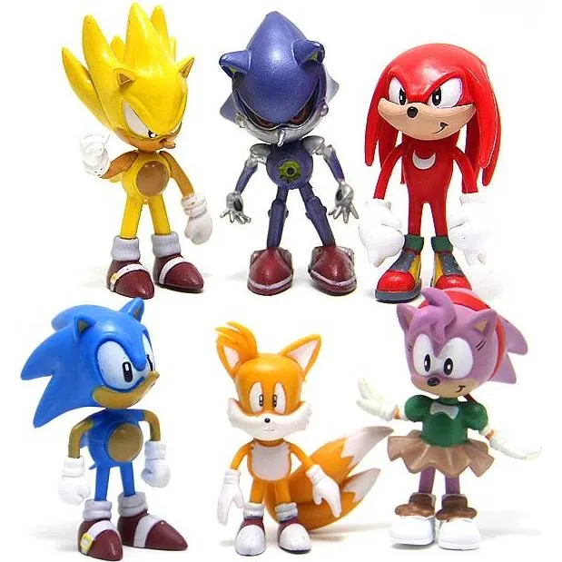 Figurky na dort ježka Sonic v sadě šesti kusů o výšce 6 cm pro zdobení dortů a cupcaků