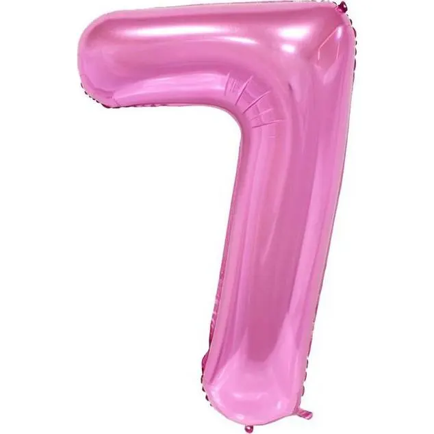 Růžový fóliový balónek ve tvaru číslice 7 o výšce 102 cm na oslavu narozenin značky Cakesicq