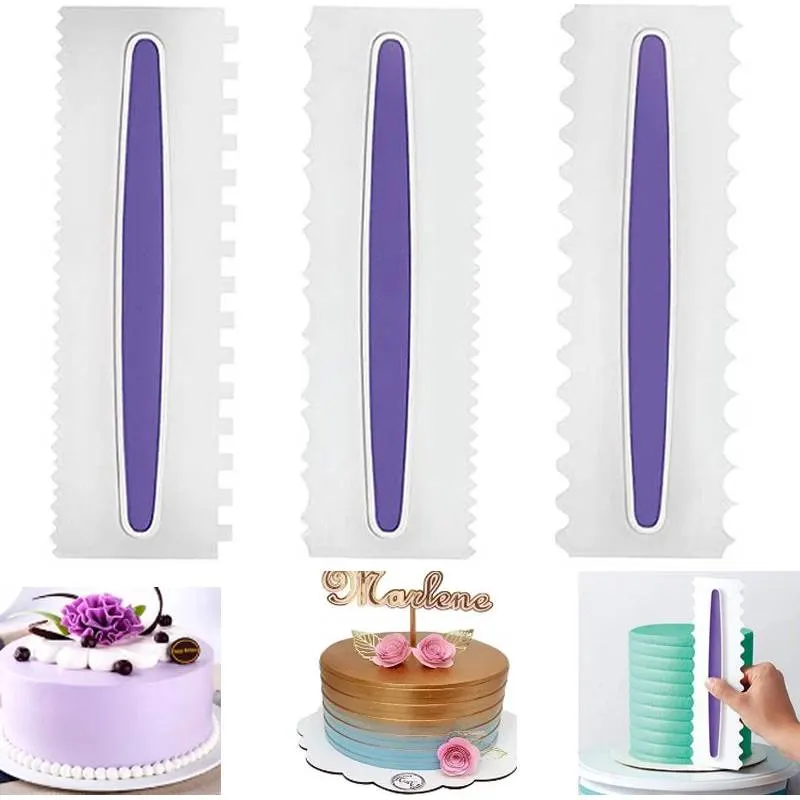 Sada tří plastových stěrek na vyhlazení boků dortu o rozměrech 23 x 7,5 cm od značky Cakesicq
