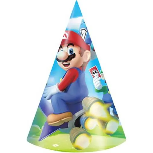 Papírová party čepička Mario v balení šesti kusů na oslavu narozenin nebo dětský večírek