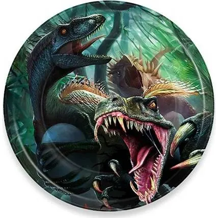 Papírové talíře s motivem dinosaurů o průměru 22 cm, balení 10 kusů na dětskou narozeninovou oslavu