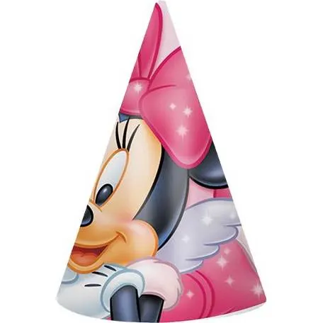 Růžové papírové párty čepičky s motivem Minnie, balení 6 kusů pro dětské narozeninové oslavy