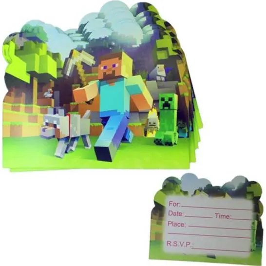 Sada 10 pozvánek na dětskou oslavu s motivem Minecraftu pro narozeninovou party
