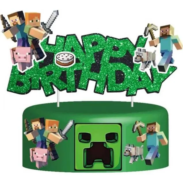 Dortový zápich Happy Birthday v pixelovém stylu Minecraftu od značky Cakesicq na ozdobu narozeninového dortu