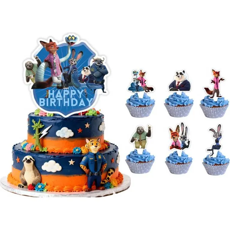 Zápich na dort a muffiny Happy Birthday Zoopolis od značky Cakesicq, sada 25 kusů se zvířecími motivy na narozeninové oslavy