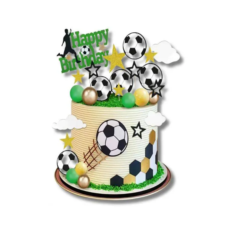 Sada 29 zápichů do dortu Happy Birthday s fotbalovým motivem, hvězdami a koulemi na narozeninové dekorace