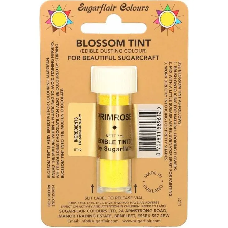 Jedlá prachová barva Sugarflair v odstínu primrose, 7 ml, určená k barvení dortů a cukrářských dekorací