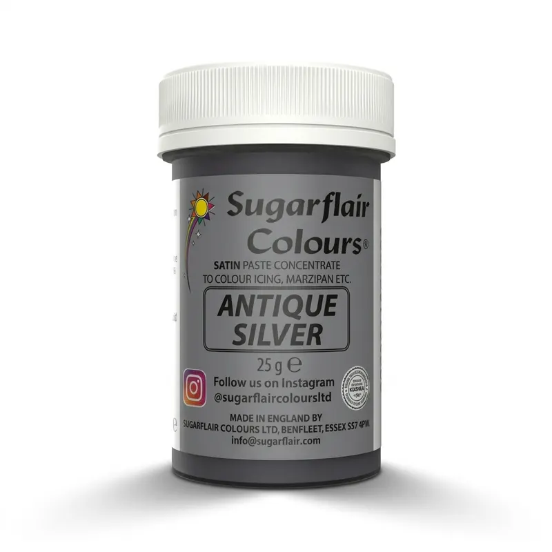 Perleťová gelová barva Sugarflair v odstínu Antique Silver pro probarvení dortů, krémů a marcipánu