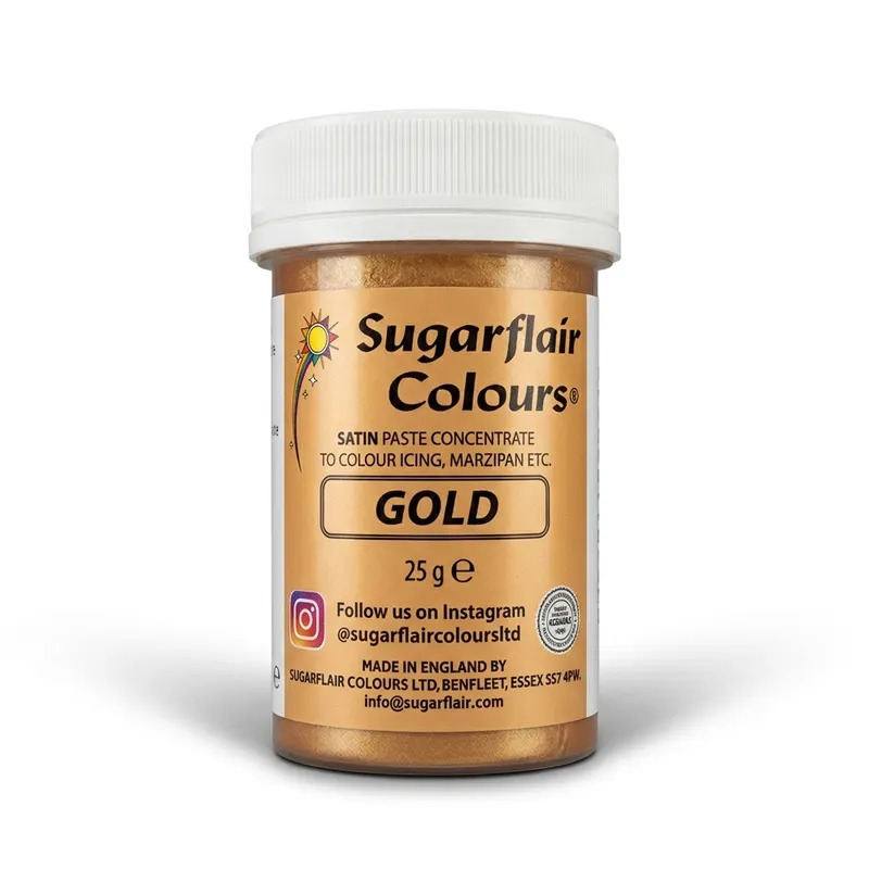 Gelová barva Sugarflair v perleťovém zlatém odstínu 25 g pro barvení krémů, polev a potahovací hmoty