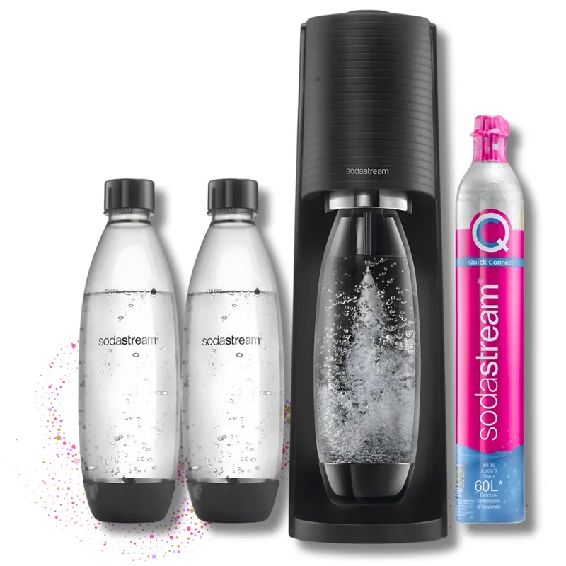 Výrobník perlivé vody SodaStream Terra Black v matné černé úpravě s lahví Fuse 1l pro domácí přípravu sodovky