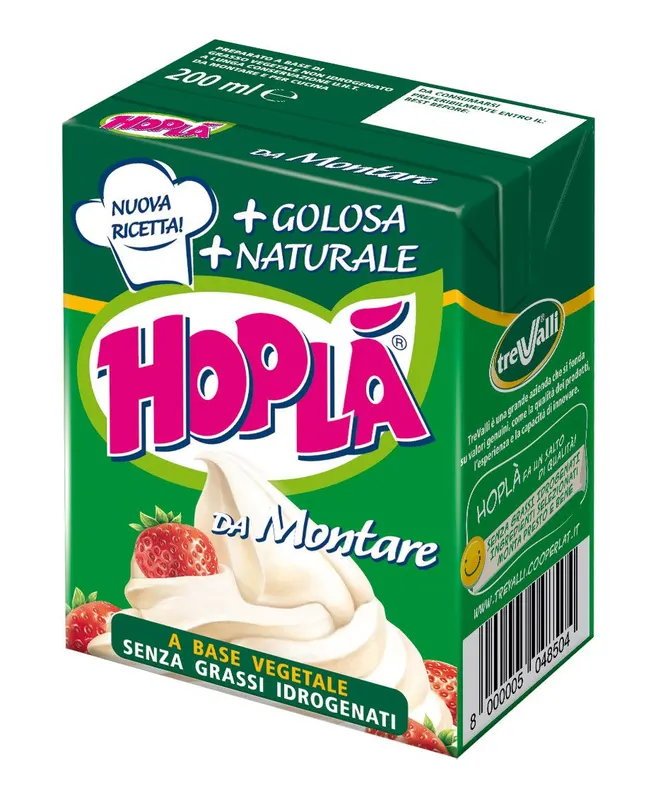Slazený rostlinný šlehací krém Trevalli Hoplá v balení 200 ml, vhodný na zdobení a plnění dortů a dezertů