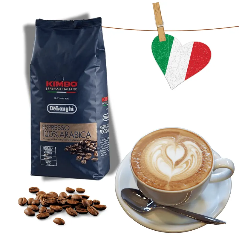 Zrnková káva KIMBO De'Longhi 100% Arabica v balení 250 g, vhodná na espresso i mléčné kávové speciality