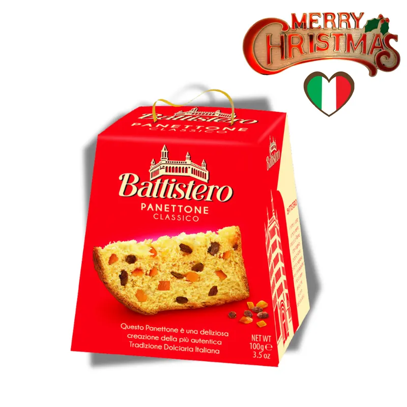 Vánoční mini panettone od značky Il Vecchio Forno s rozinkami a kandovaným pomerančem v papírovém boxu o hmotnosti 100 g