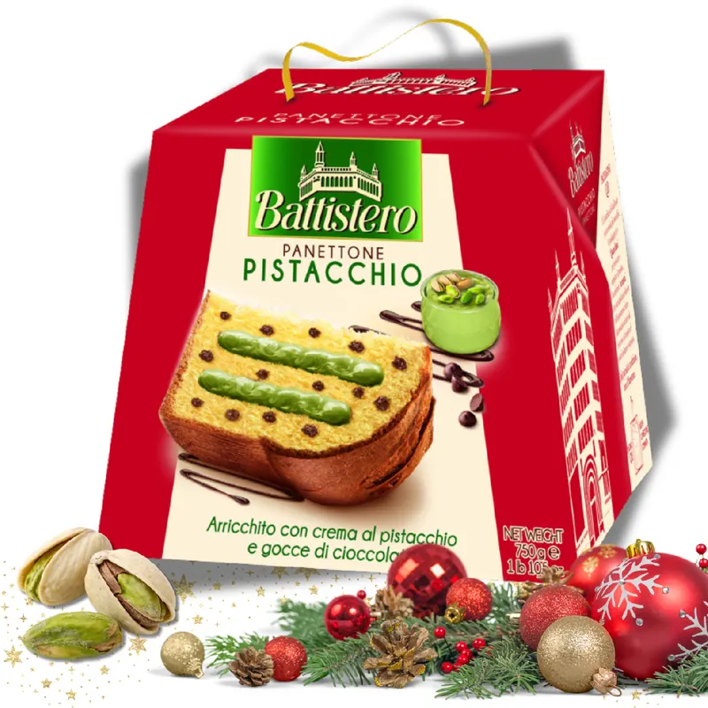 Vánoční panettone plněný pistáciovým krémem od značky Il Vecchio Forno, 750 g, italský sváteční kynutý koláč