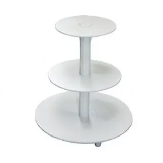 Plastový třípatrový stojan na dorty se středovým sloupem a patry o průměru 19,5, 24,5 a 34 cm
