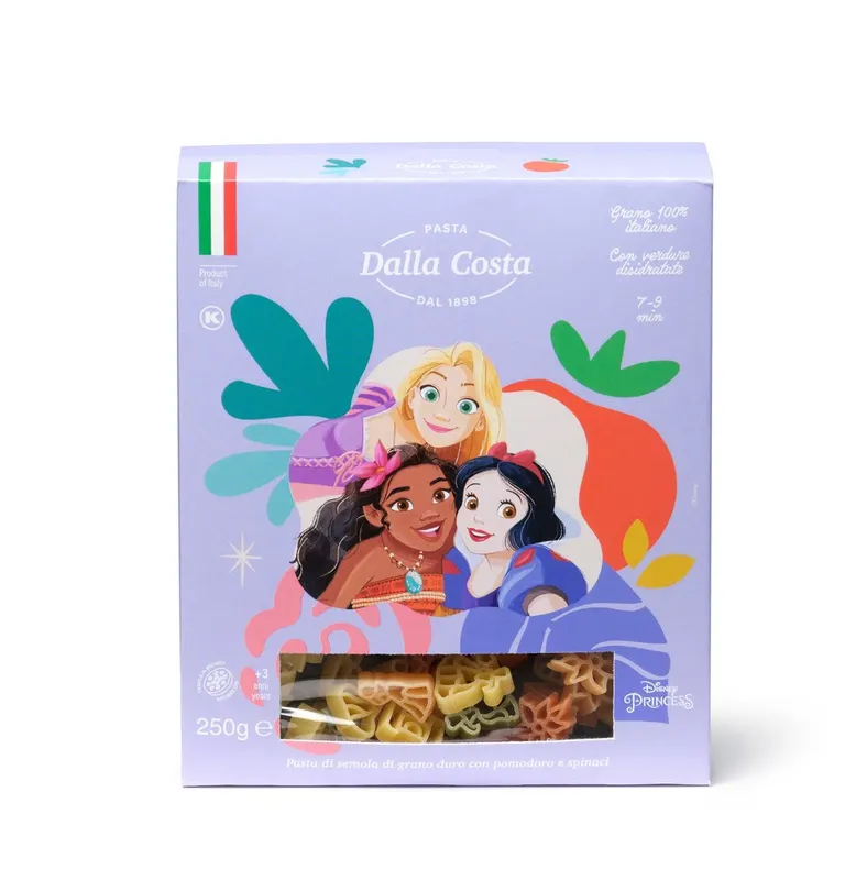 Dětské barevné těstoviny Princess Disney v balení 250 g s pohádkovými tvary princezen, hradů a střevíčků