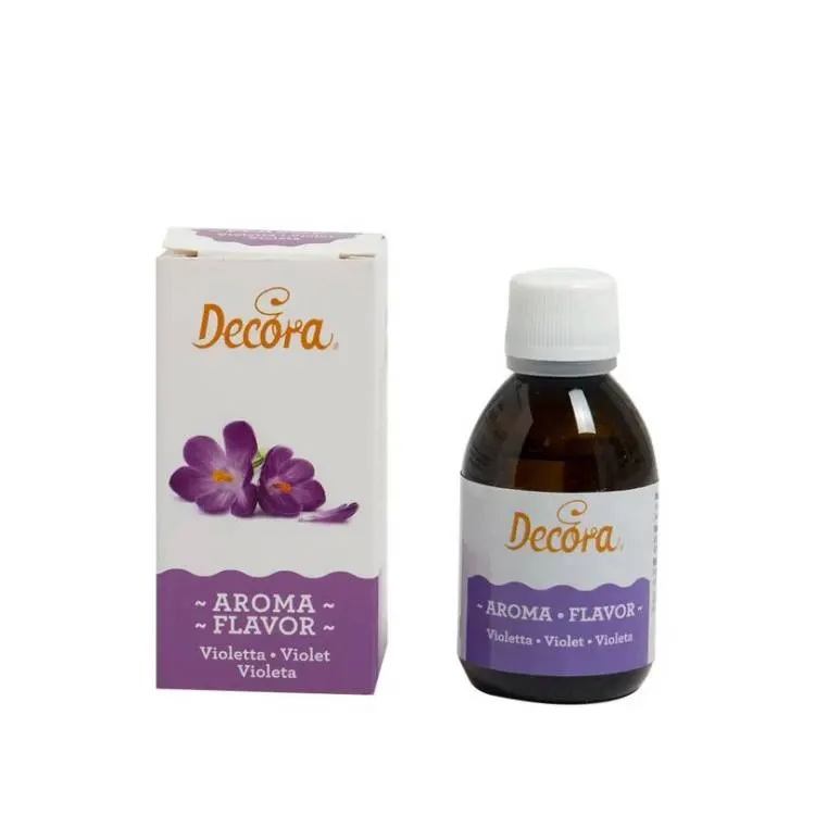 Tekuté potravinářské aroma Decora s vůní fialky v objemu 50 g pro ochucení pečiva, krémů a polev