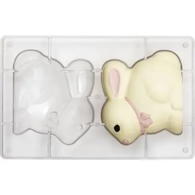 Čokoládová forma na velikonočního zajíčka z pevného polykarbonátu značky Decora o rozměrech 13 x 11 cm